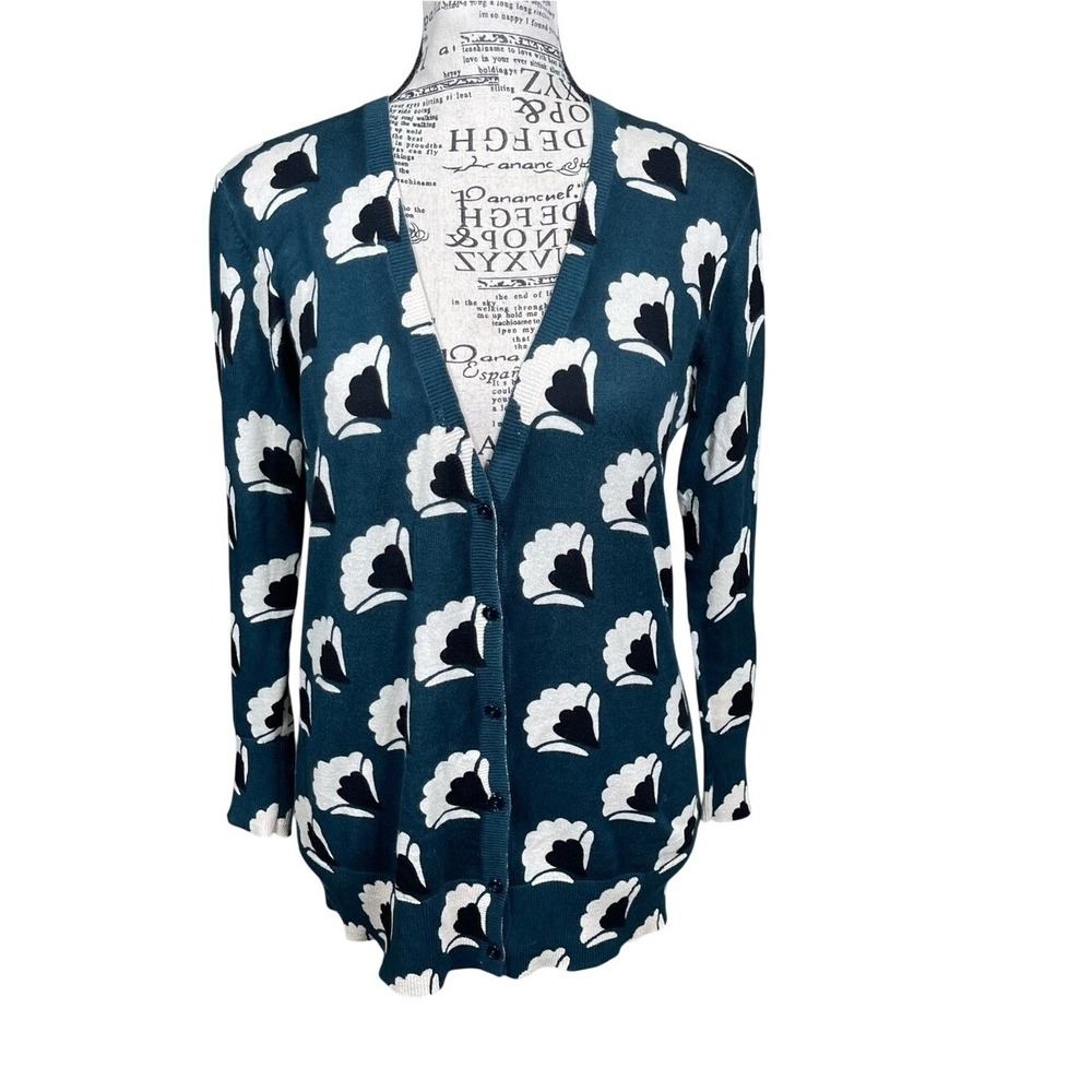 LOFT Teal Floral-Print V-Neck Cardigan - Women